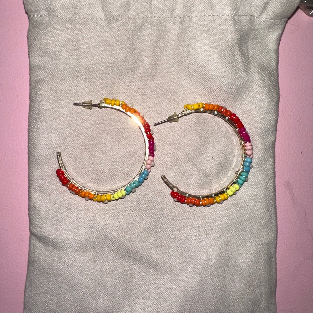 Rainbow Beaded Flower Hoop Earrings